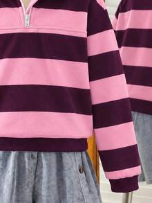 Tween Girl Fashionable Minimalist Color-Block Striped Print Turn-Down Collar Zipper Split Design Dropped Shoulder Long Sleeve Sweatshirt Top, Soft Fabric, Full Of Youthful Energy, Suitable For Christmas, Back To School, Outings, Autumn/Winter - Multicolor - View 7