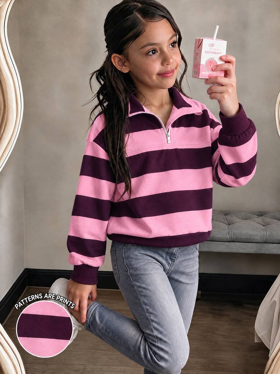 Tween Girl Fashionable Minimalist Color-Block Striped Print Turn-Down Collar Zipper Split Design Dropped Shoulder Long Sleeve Sweatshirt Top, Soft Fabric, Full Of Youthful Energy, Suitable For Christmas, Back To School, Outings, Autumn/Winter - Multicolor - View 1