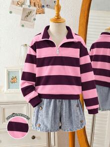 Tween Girl Fashionable Minimalist Color-Block Striped Print Turn-Down Collar Zipper Split Design Dropped Shoulder Long Sleeve Sweatshirt Top, Soft Fabric, Full Of Youthful Energy, Suitable For Christmas, Back To School, Outings, Autumn/Winter - Multicolor - View 3