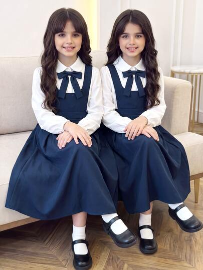 SHEIN Tween Girls Fall Outfits Tops 2pcs/Set Round Neck Navy Blue Dress School Cute Western College Style Lante Family White