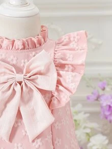 SHEIN 女嬰灰粉色夏季派對生日花童公主風洋裝，荷葉邊肩帶、3D花卉圖案、短袖A字版型飄逸蝴蝶結婚禮禮服 - 粉色 - 查看 7