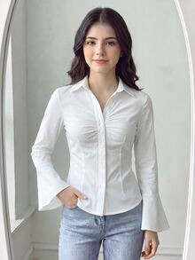 SHEIN 青少年女孩白色拿破崙風休閒優雅正式襯衫，適合學校、六年級、秋季、生日場合 - 白色 - 查看 2