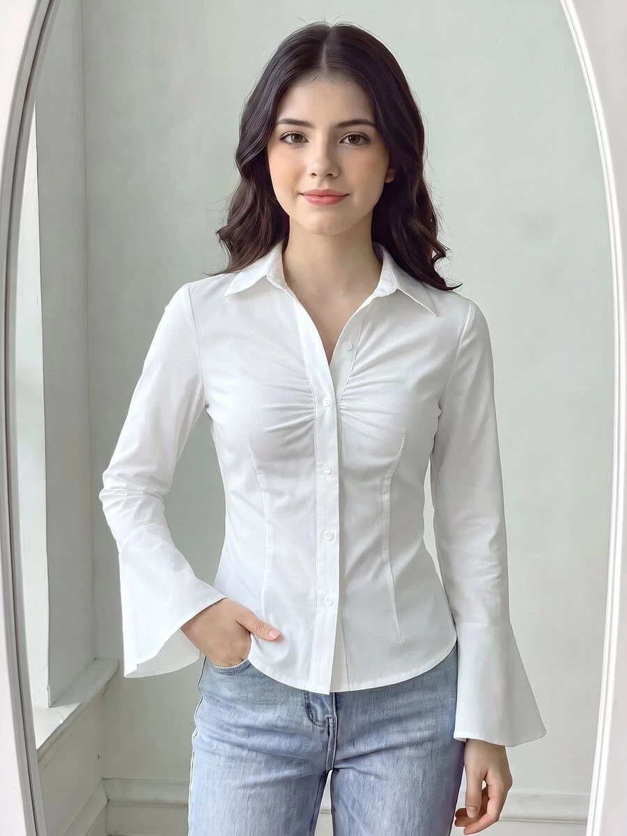 SHEIN 青少年女孩白色休閒拿破崙風優雅正式襯衫,適合學校、六年級、秋季,生日禮物 - 白色 - 查看 1