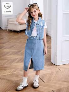 SHEIN 青少年女孩夏季服装个性化休闲舒适度假时尚街头休闲水洗柔软做旧无袖上衣和开衩下摆宽松短裙套装 - 中等水洗藍 - 查看 4