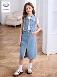 SHEIN 青少年女孩夏季服装个性化休闲舒适度假时尚街头休闲水洗柔软做旧无袖上衣和开衩下摆宽松短裙套装 - 中等水洗藍 - 查看 2