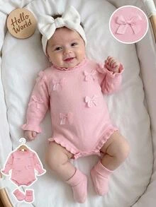 Baby Girls Sweater Romper With Bow Socks, Lace‑Trim Round‑Neck Long‑Sleeve Ones Winter - Baby Pink - View 10