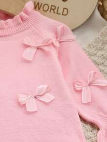Baby Girls Sweater Romper With Bow Socks, Lace‑Trim Round‑Neck Long‑Sleeve Ones Winter - Baby Pink - View 6