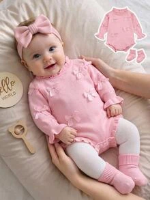 Baby Girls Sweater Romper With Bow Socks, Lace‑Trim Round‑Neck Long‑Sleeve Ones Winter - Baby Pink - View 1