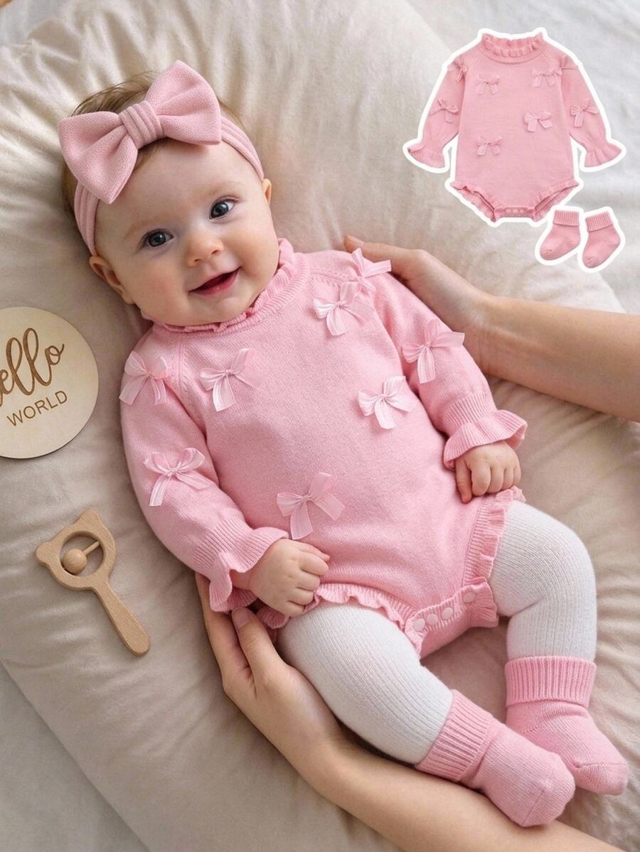 Baby Girls Sweater Romper With Bow Socks, Lace‑Trim Round‑Neck Long‑Sleeve Ones Winter - Baby Pink - View 1