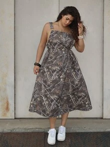 Dripcurv Plus Size Summer Casual Daily Vacation Camouflage Print Elastic Waist Dress - Multicolor - View 6