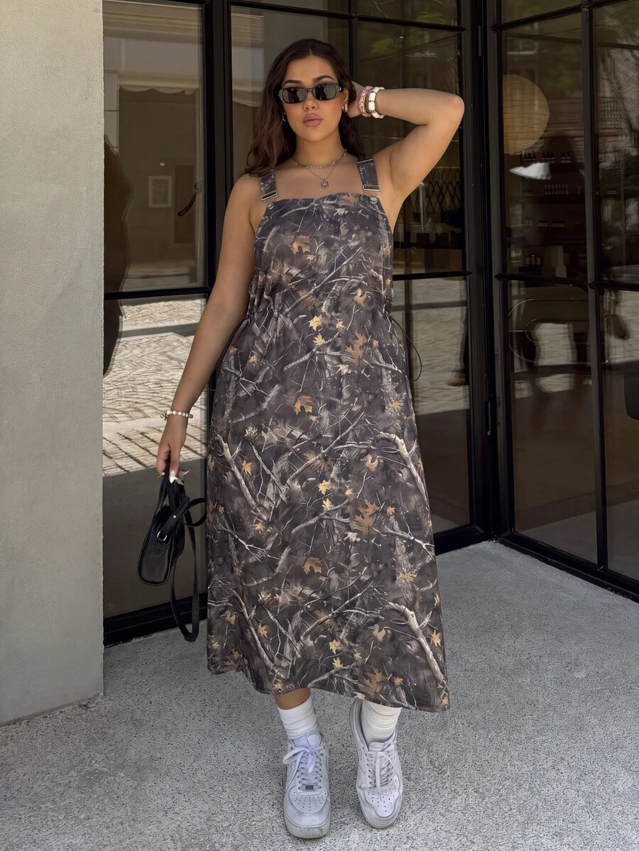 Dripcurv Plus Size Summer Casual Daily Vacation Camouflage Print Elastic Waist Dress - Multicolor - View 1