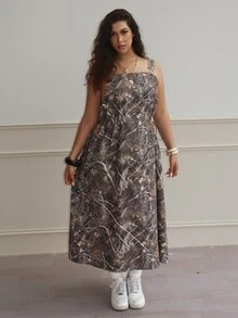 Dripcurv Plus Size Summer Casual Daily Vacation Camouflage Print Elastic Waist Dress - Multicolor - View 3