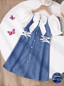 SHEIN 女童时尚休闲蝴蝶结装饰拼接牛仔效果连衣裙，休闲度假连衣裙，适合户外和海滩夏季度假，时尚单品，适合散步和拍照 - 藍色 - 查看 9