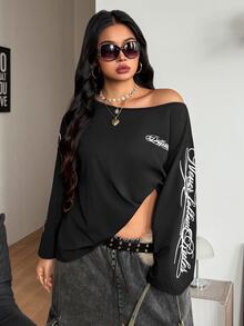 Coolane 女款大尺碼秋冬街頭休閒嘻哈哥德風Grunge Y2K圖案寬鬆不對稱領黑色長袖T恤聖誕 - 黑色 - 查看 2