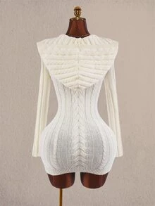 Amplova V-Neck Pocket Button Hooded Women's Fitted Mini Long Sleeve Crochet Knit Handmade Mini Knit Dress Night Out Off-White Fall Sexy - Apricot - View 14