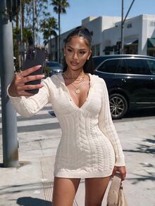 Amplova V-Neck Pocket Button Hooded Women's Fitted Mini Long Sleeve Crochet Knit Handmade Mini Knit Dress Night Out Off-White Fall Sexy - Apricot - View 3