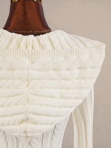Amplova V-Neck Pocket Button Hooded Women's Fitted Mini Long Sleeve Crochet Knit Handmade Mini Knit Dress Night Out Off-White Fall Sexy - Apricot - View 13