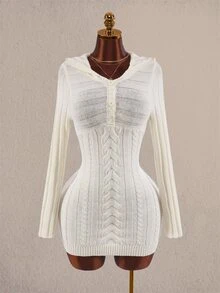 Amplova V-Neck Pocket Button Hooded Women's Fitted Mini Long Sleeve Crochet Knit Handmade Mini Knit Dress Night Out Off-White Fall Sexy - Apricot - View 9