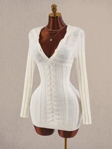 Amplova V-Neck Pocket Button Hooded Women's Fitted Mini Long Sleeve Crochet Knit Handmade Mini Knit Dress Night Out Off-White Fall Sexy - Apricot - View 5