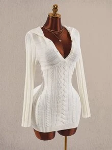 Amplova V-Neck Pocket Button Hooded Women's Fitted Mini Long Sleeve Crochet Knit Handmade Mini Knit Dress Night Out Off-White Fall Sexy - Apricot - View 6