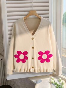 SHEIN Cute Sunflower Jacquard V-Neck Long Sleeve Casual Sweater For Tween Girls - Apricot - View 9