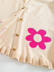 SHEIN Cute Sunflower Jacquard V-Neck Long Sleeve Casual Sweater For Tween Girls - Apricot - View 4