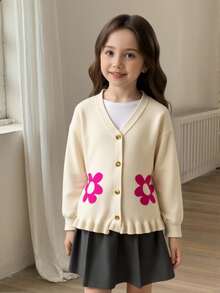 SHEIN Cute Sunflower Jacquard V-Neck Long Sleeve Casual Sweater For Tween Girls - Apricot - View 1
