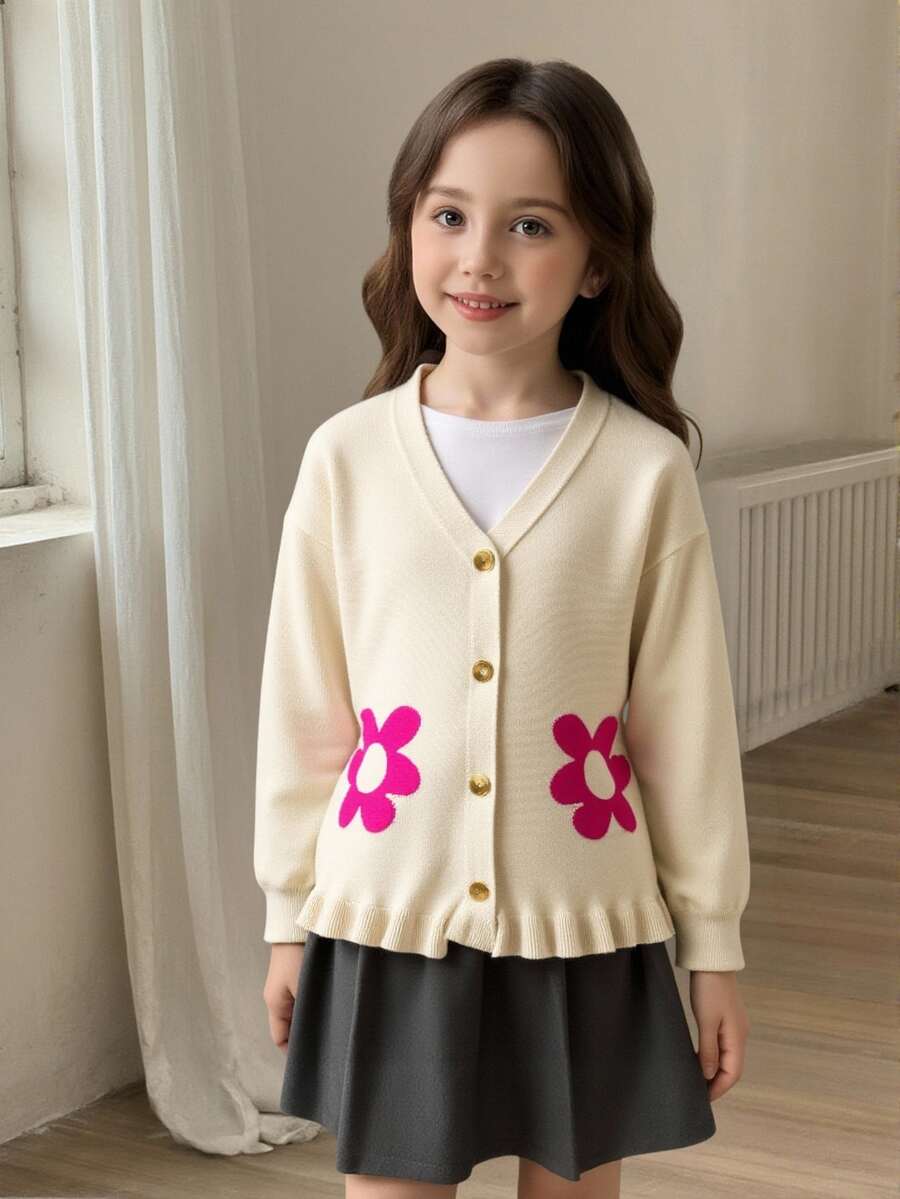 SHEIN Cute Sunflower Jacquard V-Neck Long Sleeve Casual Sweater For Tween Girls - Apricot - View 1
