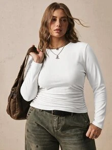 SHEIN VCAY Plus Size Women's Black Long Sleeve Round Neck Thermal Base Layer Top, Ruched Waist T-Shirt Autumn Business Casual Winter - White - View 3