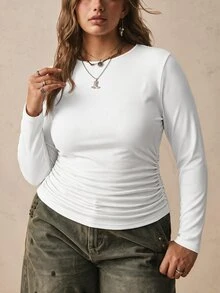 SHEIN VCAY Plus Size Women's Black Long Sleeve Round Neck Thermal Base Layer Top, Ruched Waist T-Shirt Autumn Business Casual Winter - White - View 7