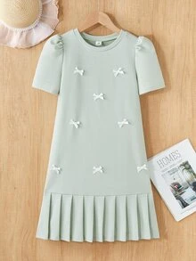 SHEIN Tween Girls Ruched 1pc Tween Girl Bowknot Pleated Short Sleeve Mini Dress, Loose Fit, Spring/Summer, Casual, Daily, Outfit - Mint Green - View 4