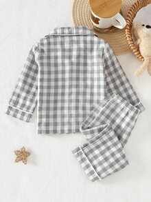 SHEIN Vintaside Kids Baby Boys Pajamas Checkered Long Sleeve Lapel Cotton Blend Button 2pcs Set Pants Fall Autumn/Winter Soft Cozy Cute Loungewear Nightwear Sleepwear - Grey - View 3