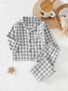 SHEIN Vintaside Kids Baby Boys Pajamas Checkered Long Sleeve Lapel Cotton Blend Button 2pcs Set Pants Fall Autumn/Winter Soft Cozy Cute Loungewear Nightwear Sleepwear - Grey - View 5