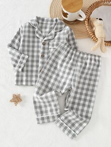 SHEIN Vintaside Kids Baby Boys Pajamas Checkered Long Sleeve Lapel Cotton Blend Button 2pcs Set Pants Fall Autumn/Winter Soft Cozy Cute Loungewear Nightwear Sleepwear - Grey - View 2