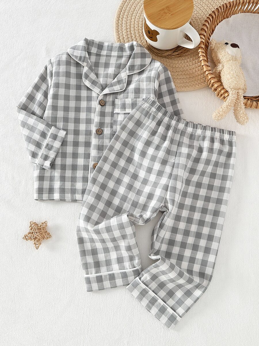 SHEIN Vintaside Kids Baby Boys Pajamas Checkered Long Sleeve Lapel Cotton Blend Button 2pcs Set Pants Fall Autumn/Winter Soft Cozy Cute Loungewear Nightwear Sleepwear