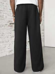 SLATEMANN Men's Solid Color Drawstring Waist Pocket Casual Wide Leg Sweatpants - Black - View 4