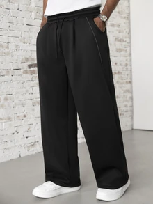SLATEMANN Men's Solid Color Drawstring Waist Pocket Casual Wide Leg Sweatpants - Black - View 3