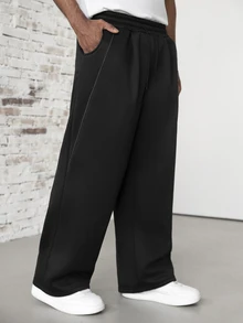 SLATEMANN Men's Solid Color Drawstring Waist Pocket Casual Wide Leg Sweatpants - Black - View 5