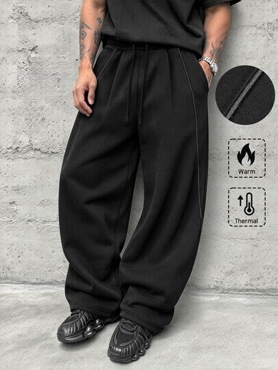 SLATEMANN Men's Solid Color Drawstring Waist Pocket Casual Wide Leg Sweatpants