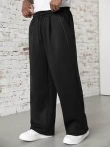 SLATEMANN Men's Solid Color Drawstring Waist Pocket Casual Wide Leg Sweatpants - Black - View 1
