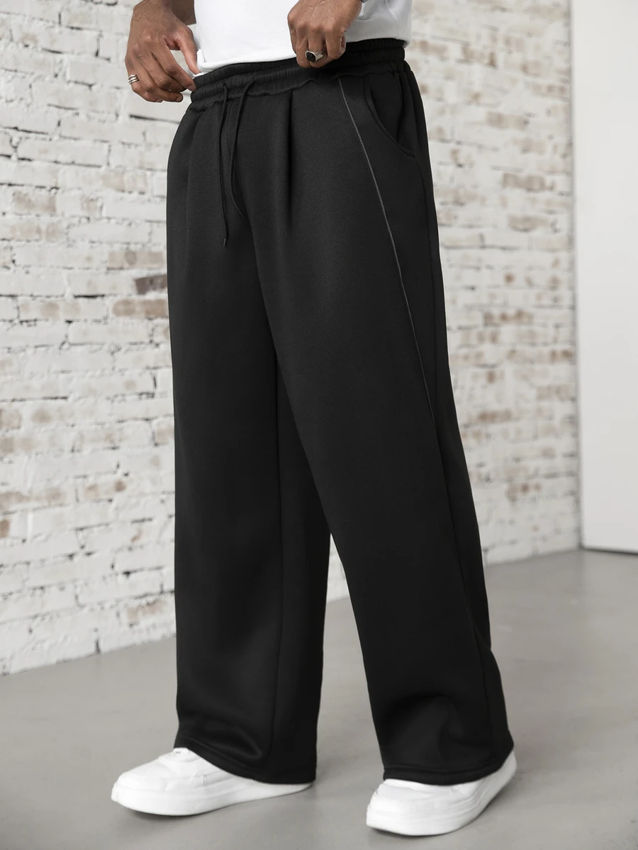 SLATEMANN Men's Solid Color Drawstring Waist Pocket Casual Wide Leg Sweatpants - Black - View 1