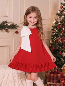 SHEIN Young Girls Red A-Line Sleeveless Dress, Large Bow On Shoulder, Pleated Ruffle Hem, Princess, Birthday Baby Shower, Christmas, Summer Fairy - Red - View 4