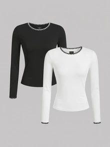 SHEIN EZwear 2件組女款拼色長袖休閒日常上衣 - 黑與白 - 查看 10