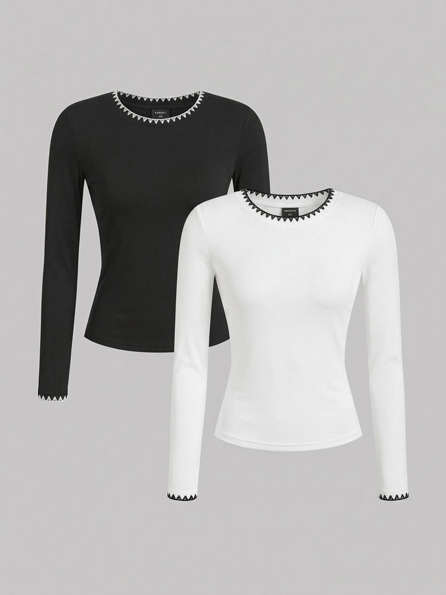 SHEIN EZwear 2-Pack Women's Color-Block Long-Sleeve Casual Everyday Tops - Black and White - View 1