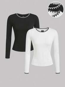 SHEIN EZwear 2件組女款拼色長袖休閒日常上衣 - 黑與白 - 查看 1