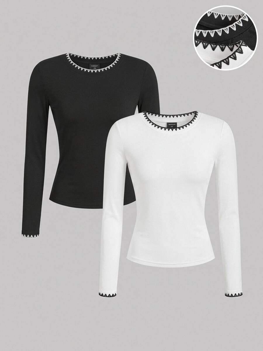 SHEIN EZwear 2件組女款拼色長袖休閒日常上衣 - 黑與白 - 查看 1