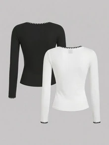 SHEIN EZwear 2件組女款拼色長袖休閒日常上衣 - 黑與白 - 查看 2