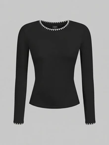 SHEIN EZwear 2件組女款拼色長袖休閒日常上衣 - 黑與白 - 查看 5