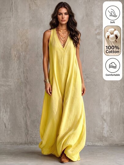 Omancia Cotton Women's Loose Elegant Boho Sleeveless Long Dress, Light Yellow, Summer Vacation Vacation Beach