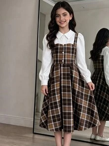 SHEIN 女孩聖誕派對洋裝 白色翻領燈芯絨洋裝 優雅高貴復古風 適合 - 彩色 - 查看 4